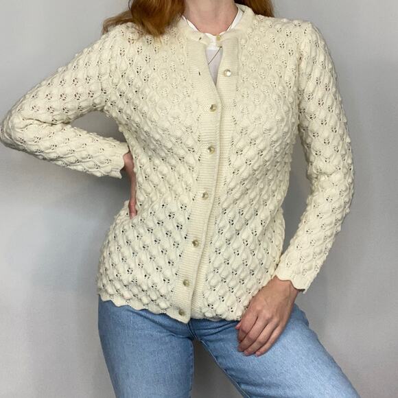 Vintage Montgomery Ward Wintuk Small Ivory Open Knit Button Front Cardigan - Picture 5 of 10